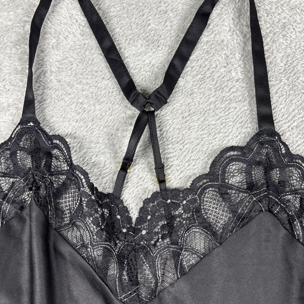 Flora by Flora Nikrooz Slip Black Satin Lace Bodice Sheer Nightgown Size M NWT - Picture 2 of 12
